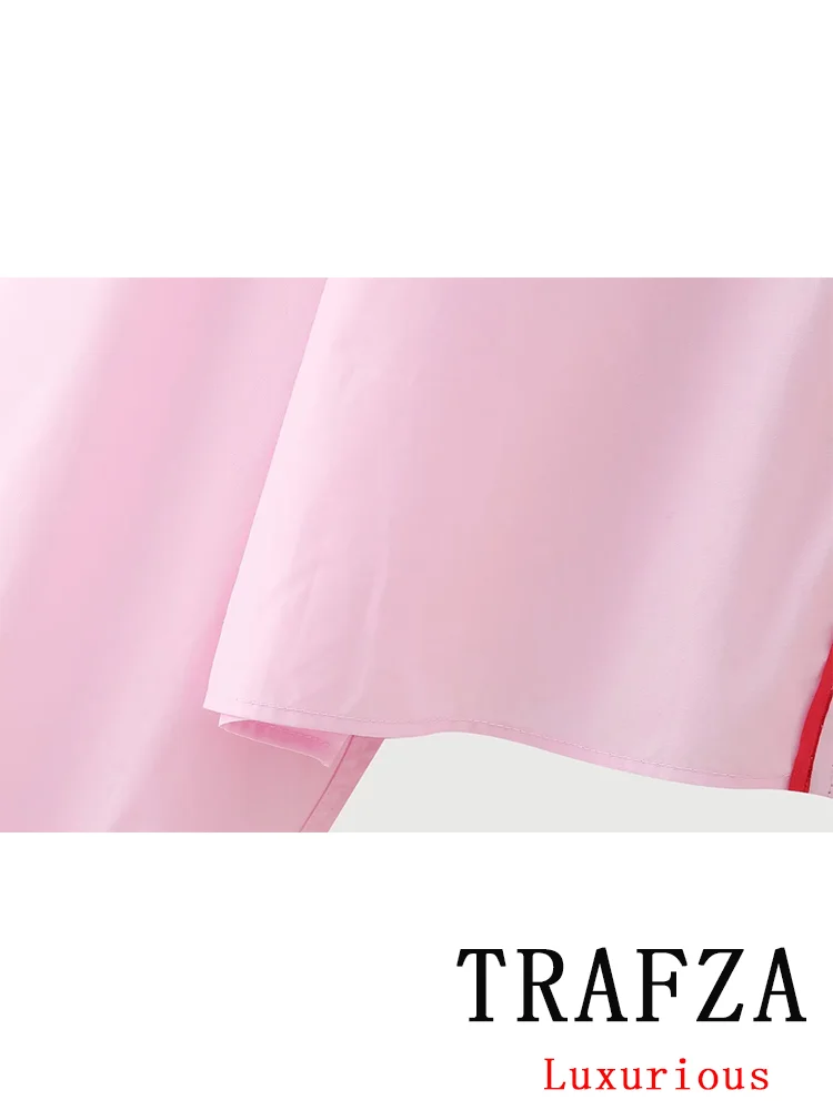 TRAFZA Vintage Chic Pink Women Suit Single Breasted Long Sleeve Shirt Loose Long Pants Chic Fashion 2024 Spring Basics Sets