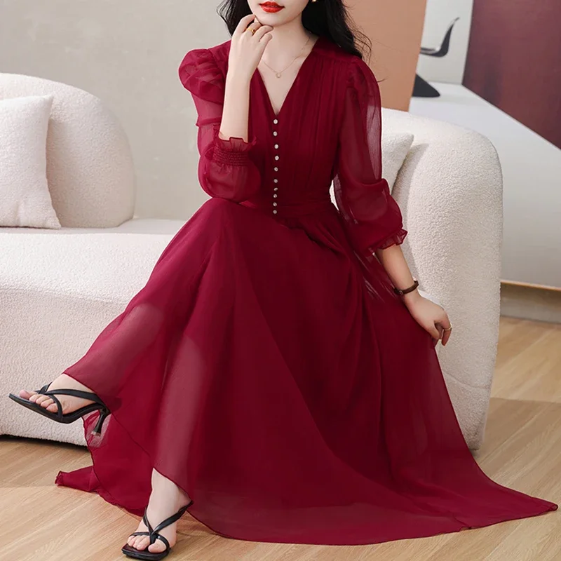 Red Chiffon V-Neck Luxury Evening Dress for Women Spring Summer Elegant Casual Dress 2024 Korean Fashion Bodycon Party Vestidos