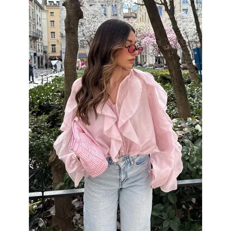 

BKQU Elegant Ruffle V-Neck Chiffon Shirt Women 2026 Spring Long Sleeve Single-Breasted Loose Solid Blouse Casual Street Tops