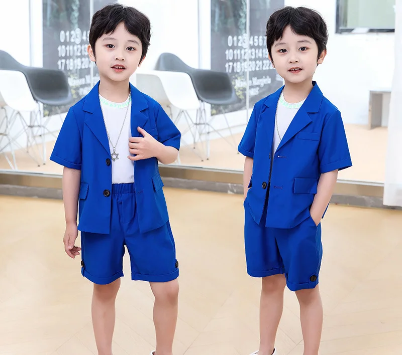 Boys Summer Royal Blue Suit Kids Jacket Shorts 2Pcs Photograph Suit Children Birthday Graduation Wedding Performance Party Dress