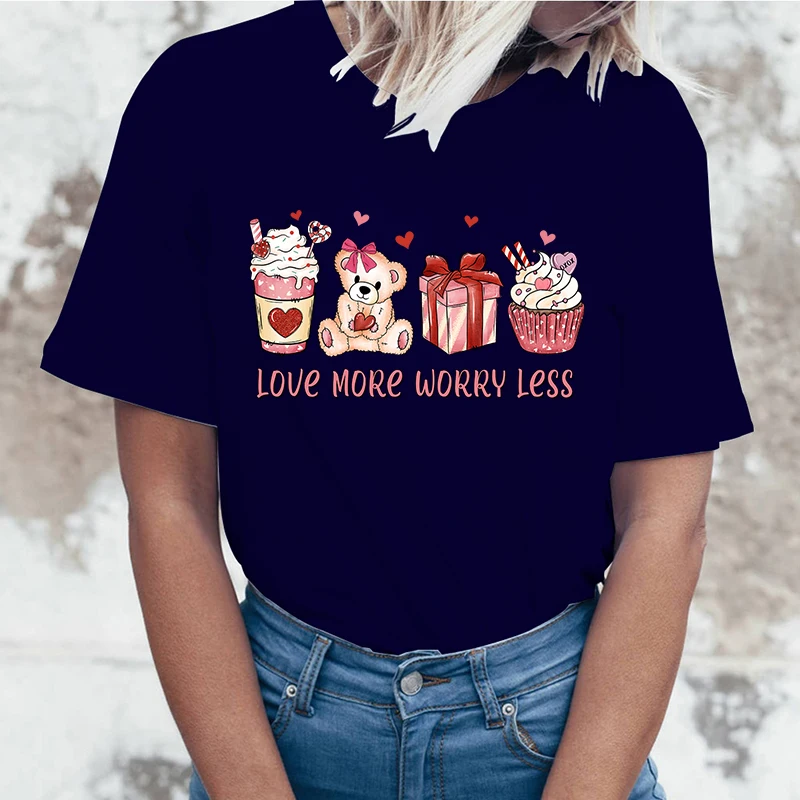 (Hoge Kwaliteit T-Shirts) Leuke Valentijnsdag Liefde Meer Zorgen Minder Print T-Shirts Voor Dames Zomer Mooie Korte Mouwen Casual T