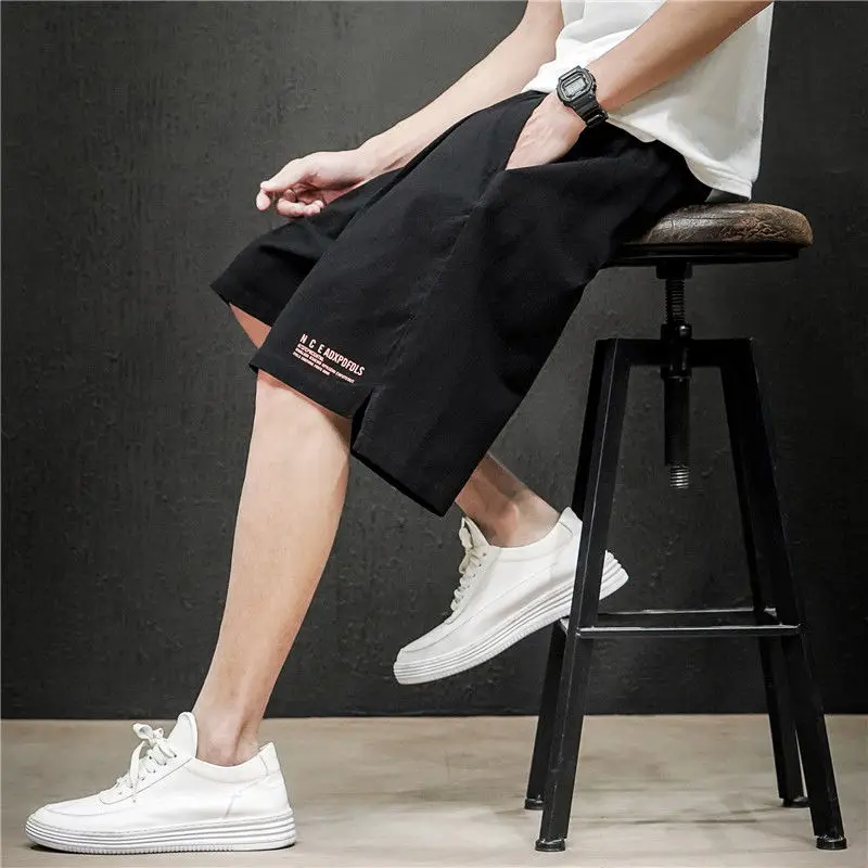 Sports Trend Men's Clothing Loose Oversized All-match Casual Thin Japanese Simplicity Solid Color Letter Printed Straight Shorts