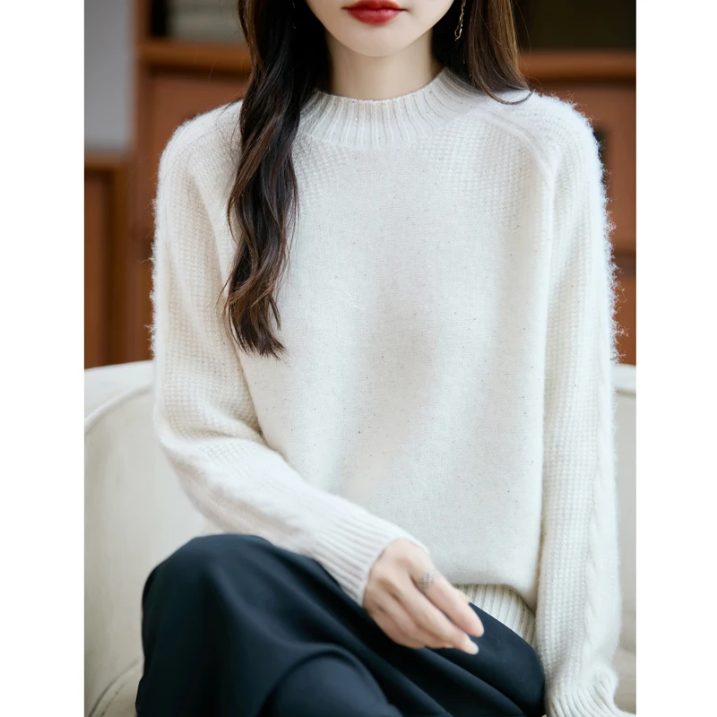 Exquisite 7GG dicke Stehkragen-Pullover mit Twist-Blume, weich, warm, 100 % Merinowolle, Strickwaren, schickes Glück, lässige Pullover-Oberteile