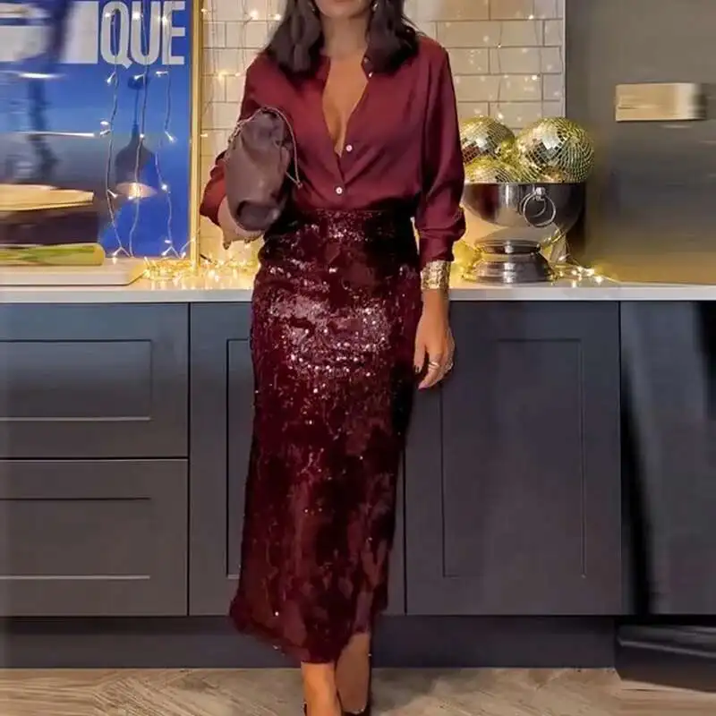 Ensemble 2 pièces élégant à manches longues, chemise et jupe à paillettes boutonnées à revers pour dames, vêtements de fête de printemps et d'été pour femmes