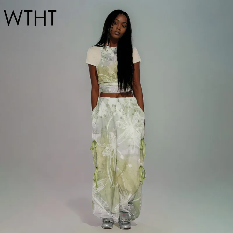 

WTHT Fashion New Women's Irregular Print Design Drawstring T-shirt High Waist Wide Leg Pants Female 2025 Summer 1LS2045