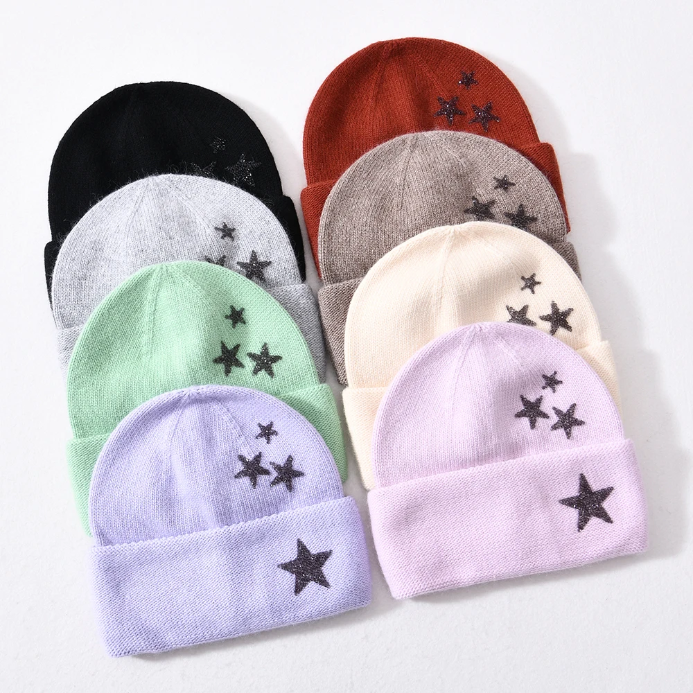 Jaxmonoy Women Winter Beanie Hat Natural Cashmere Knitted Hat Ladies Autumn Solid Color Warm Bonnet Rhinestone decoration Female