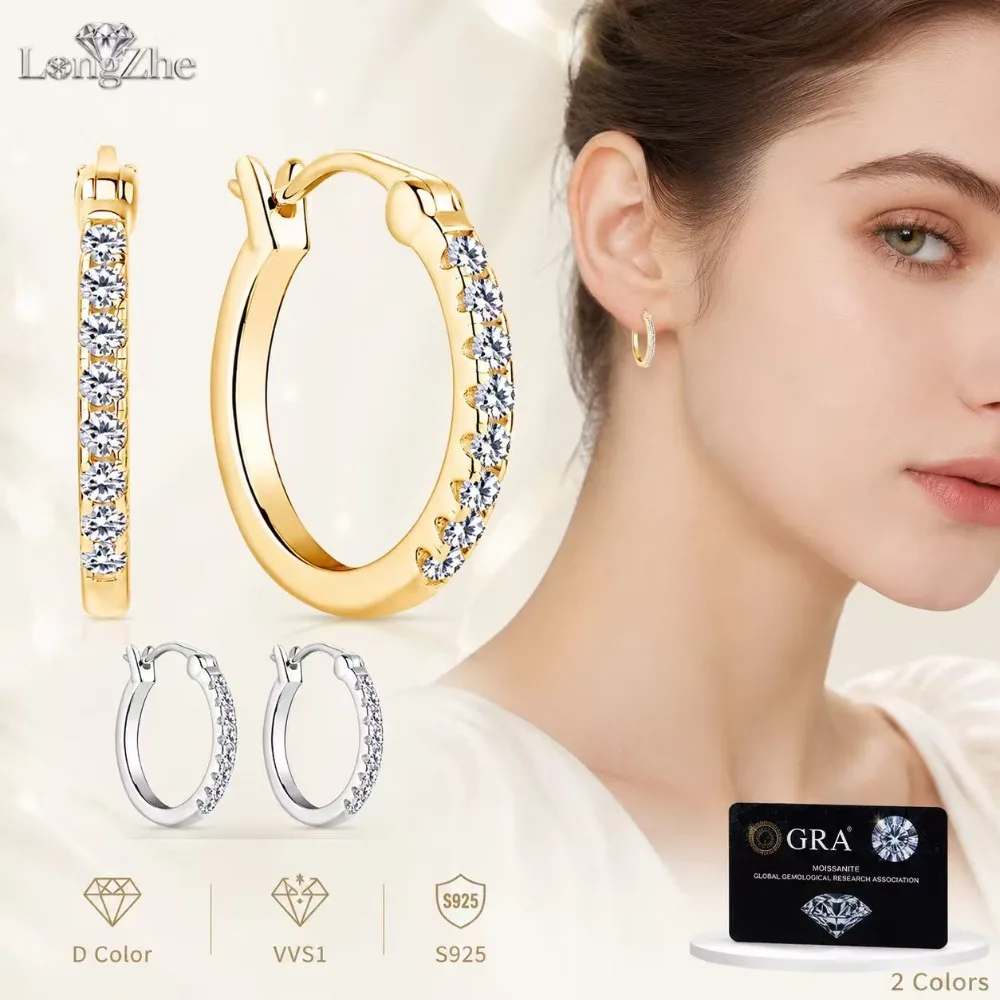 

S925 Silver Moissanite Hoop Earrings Women 0.2CT+0.2CT Round Stone Big Hoop Earrings Gold White Fashion Jewelry Gift