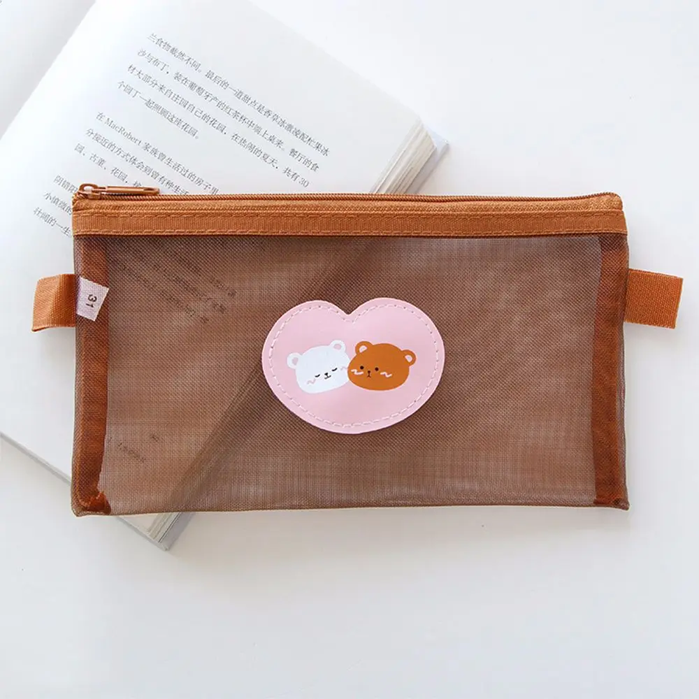 

Brown Stationery School Supplies Large Capacity Bear Pencil Bags Kawaii Pencil Bag Mesh Pencil Case Storage Bags