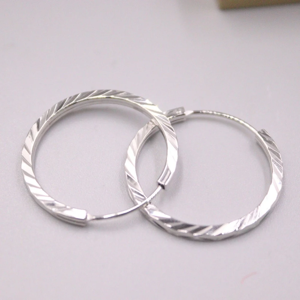 

Real Solid 925 Sterling Silver Hoop Women Lucky 25mm Carved Twill Square Circle Earrings