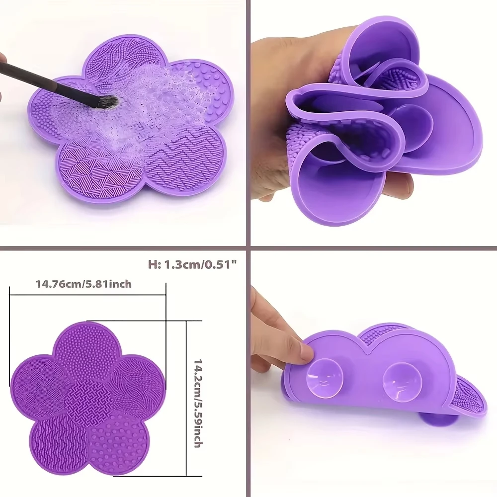 1 Silicone Makeup Brush Cleaning Mat, Flower-Shaped, with Suction Cup, Portable, for Efficient Makeup Tool Cleaning