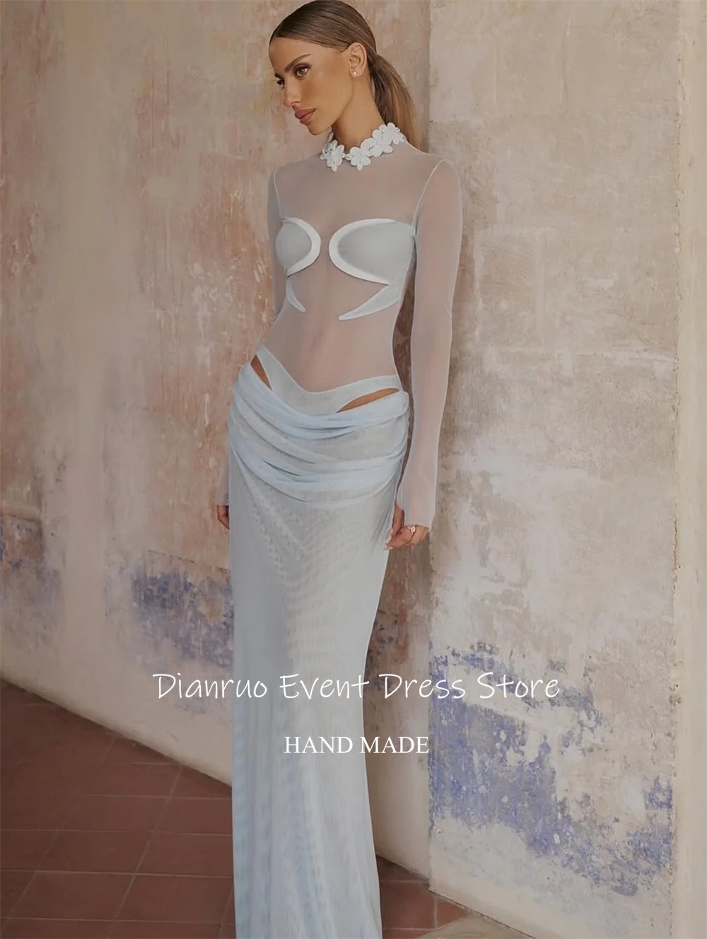 Dianruo облегающее вечернее платье с высоким воротом, шифоновое платье длиной до пола, Vestido De Fiesta, прозрачные платья для женщин, 2025 по индивидуальному заказу