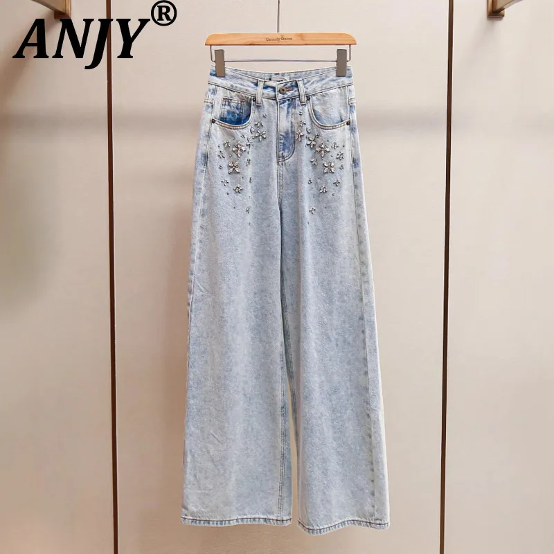 

ANJY Autumn Winter Women Fashion Casual Versatile Washed Tide Diamonds Straight Jeans Trend Design Sense High Waist Pants A10636