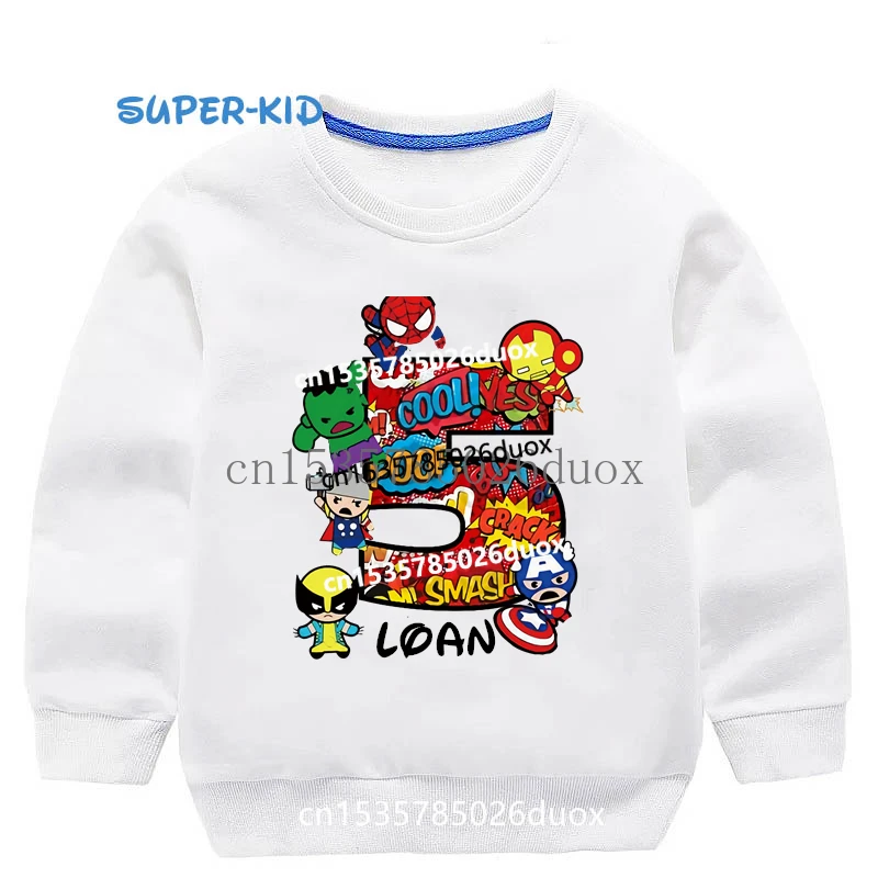 Kid 2 3 4 5 6 7 8 Marvel SuperHero Birthday Girl Hoodies SpiderMan Hulk Captain America Iron Man Customized Name Boy Sweatshirt