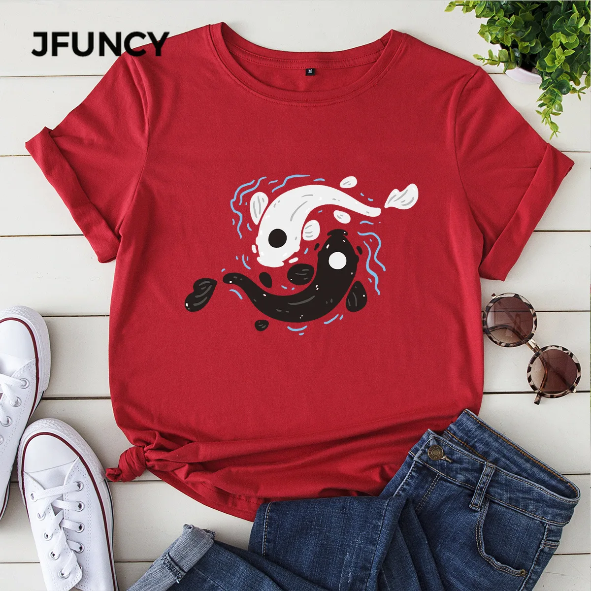 JFUNCY  Women Cotton T Shirt Tai Chi Yin Yang Fish Print Loose Tee Short Sleeve Woman Casual T-shirt Summer Female Tops