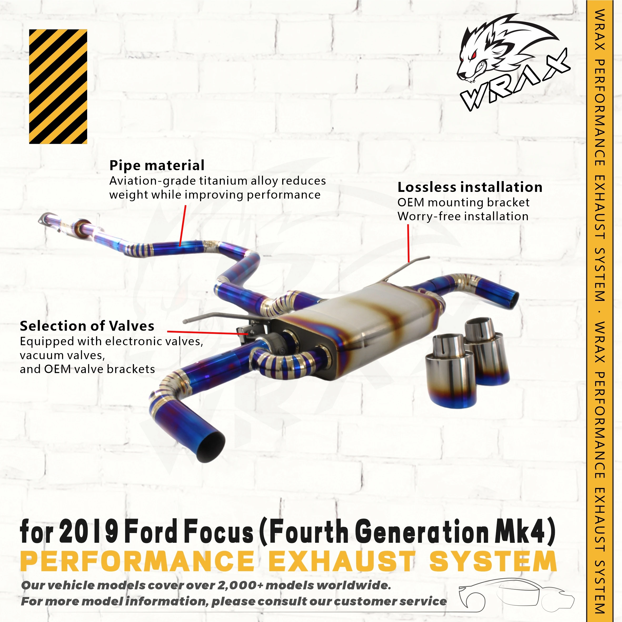 نظام عادم WRAX Tanium عادم Catback لـ A2019 Ford Focus (الجيل الرابع Mk4) نظام عادم الصمام مع كاتم الصوت