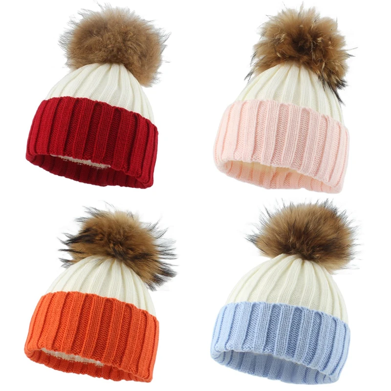 

Big Pompom Beanie Hat For Winter Warm Knitted Ski Cap Real Fur Pompom Hat Color Patchwork Knit Skullies Beanies