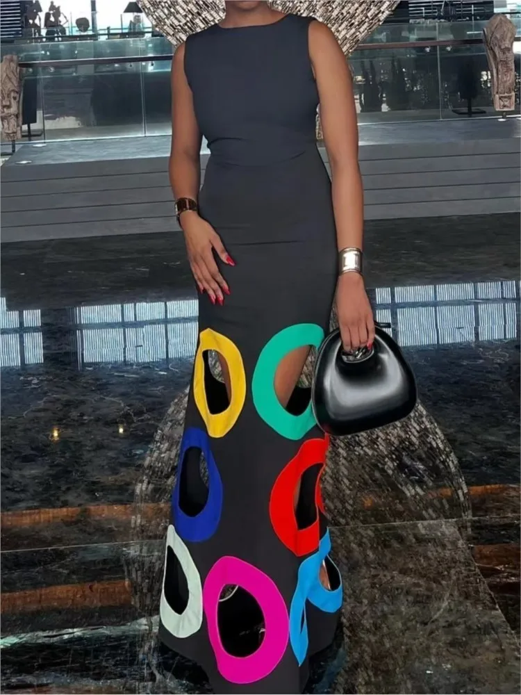 Fashion O-neck Sleeveless Waist Dress For Women Elegant Spring Summer Slim Fit Hollow Positioning Printing Casual Dresses Female