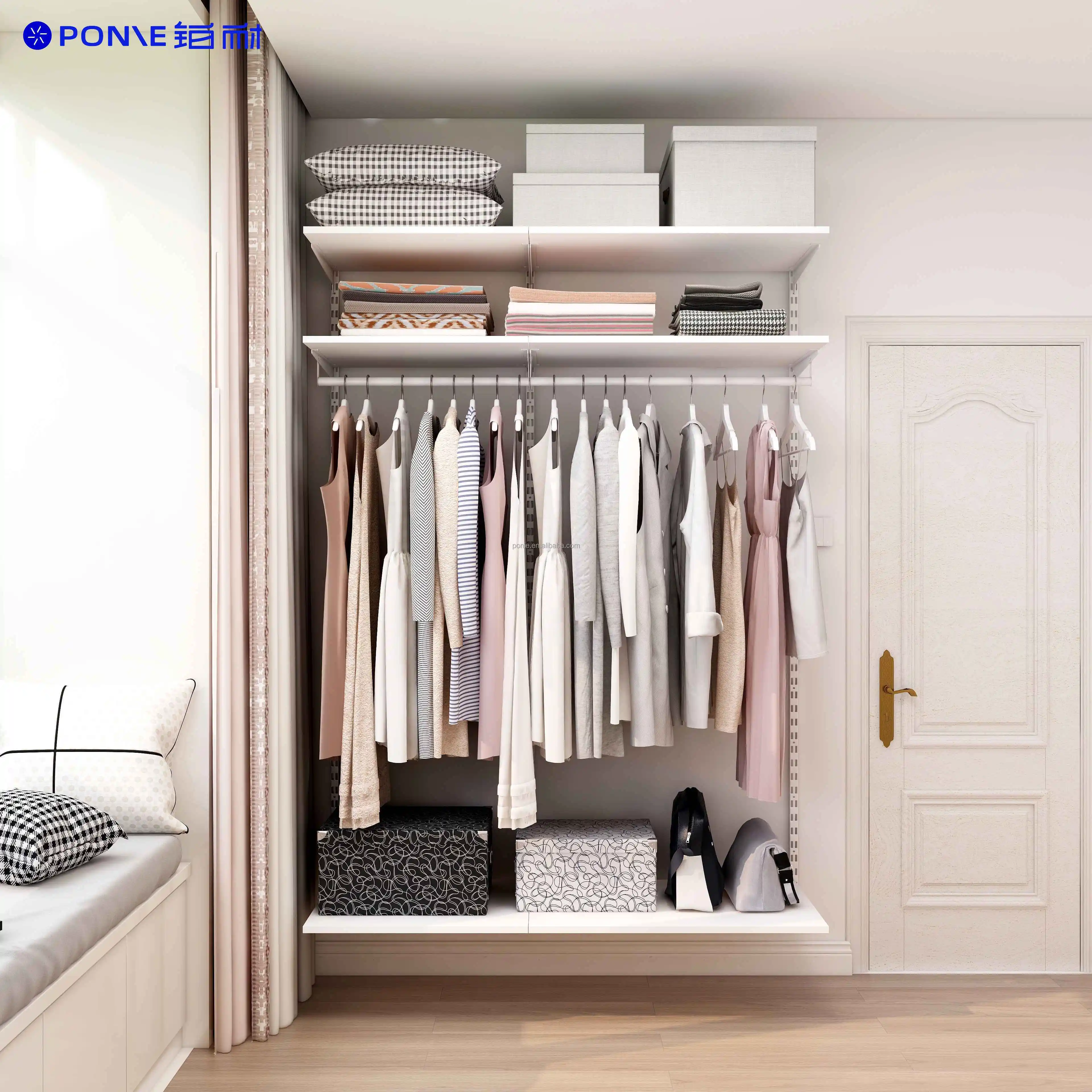 Ponie European Style Minimalist 1.4M Width Metal Wardrobe With Artificial Wooden Board Hat Clothes Storage Rack
