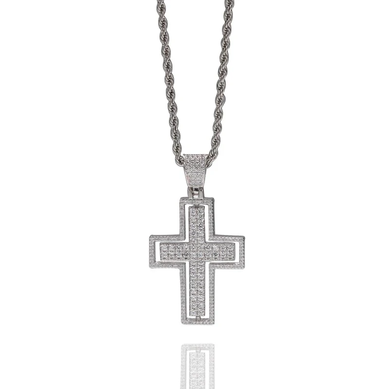 Hip Hop Bling Iced Out Two Side Can Wear Rotatable Cross Pendants Necklace for Men Women Rapper Jewelry Gold Color