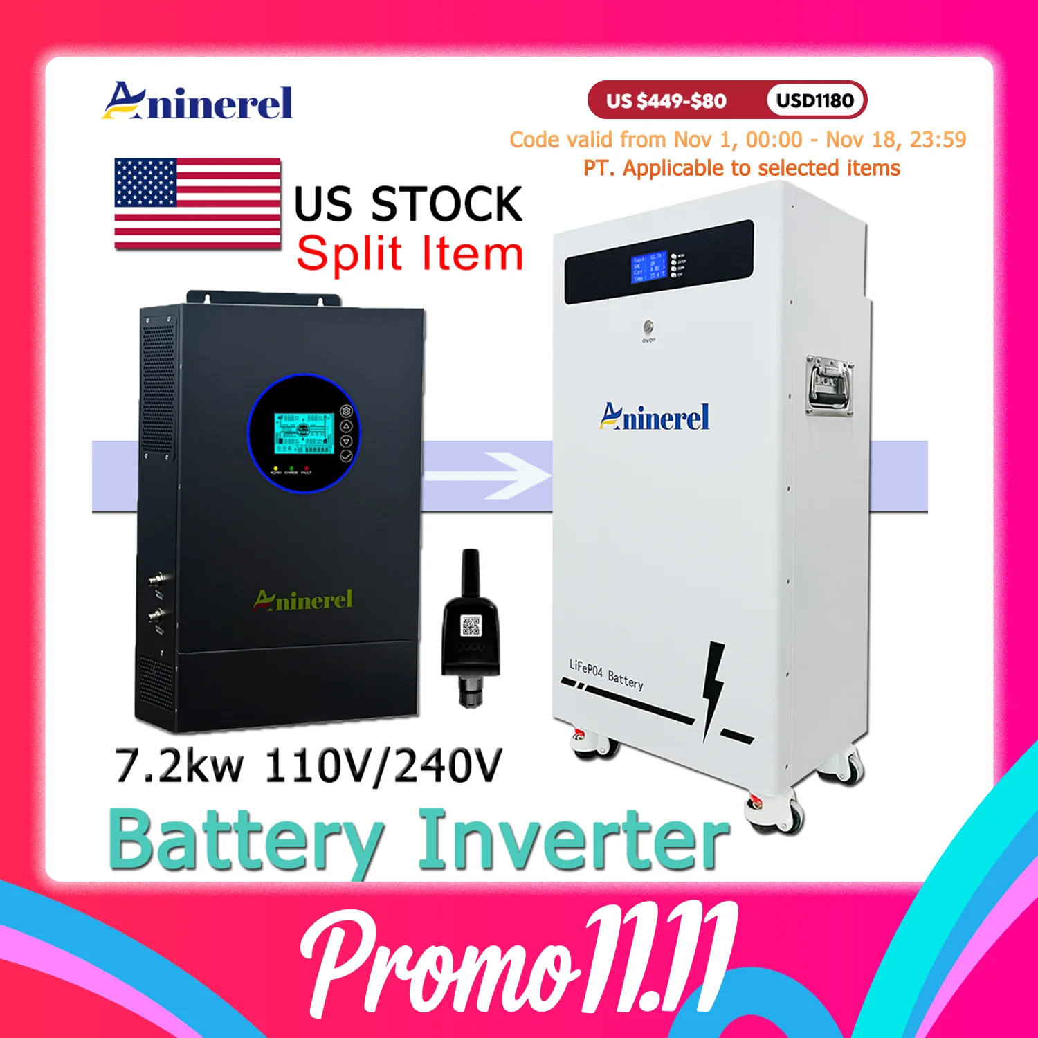 Aninerel 7.2kW 48V Split Phase Hybrid Solar Inverter Dual MPPT Color LCD Display MPPT 150A 51.2V 314AH LiFePO4 Battery 6000+ Cycles Off/On grid Inverter Parallel 6 Units
