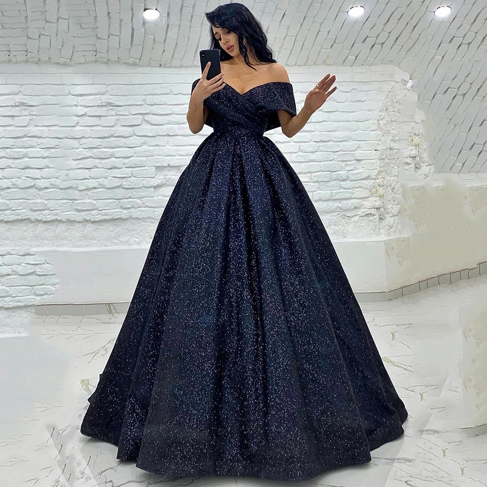 Yipeisha Off-shoulder Navy Blue Prom Dresses 2024 Glitter A-line Evening Dress Long Party Gown for Banquet Robe de Bal