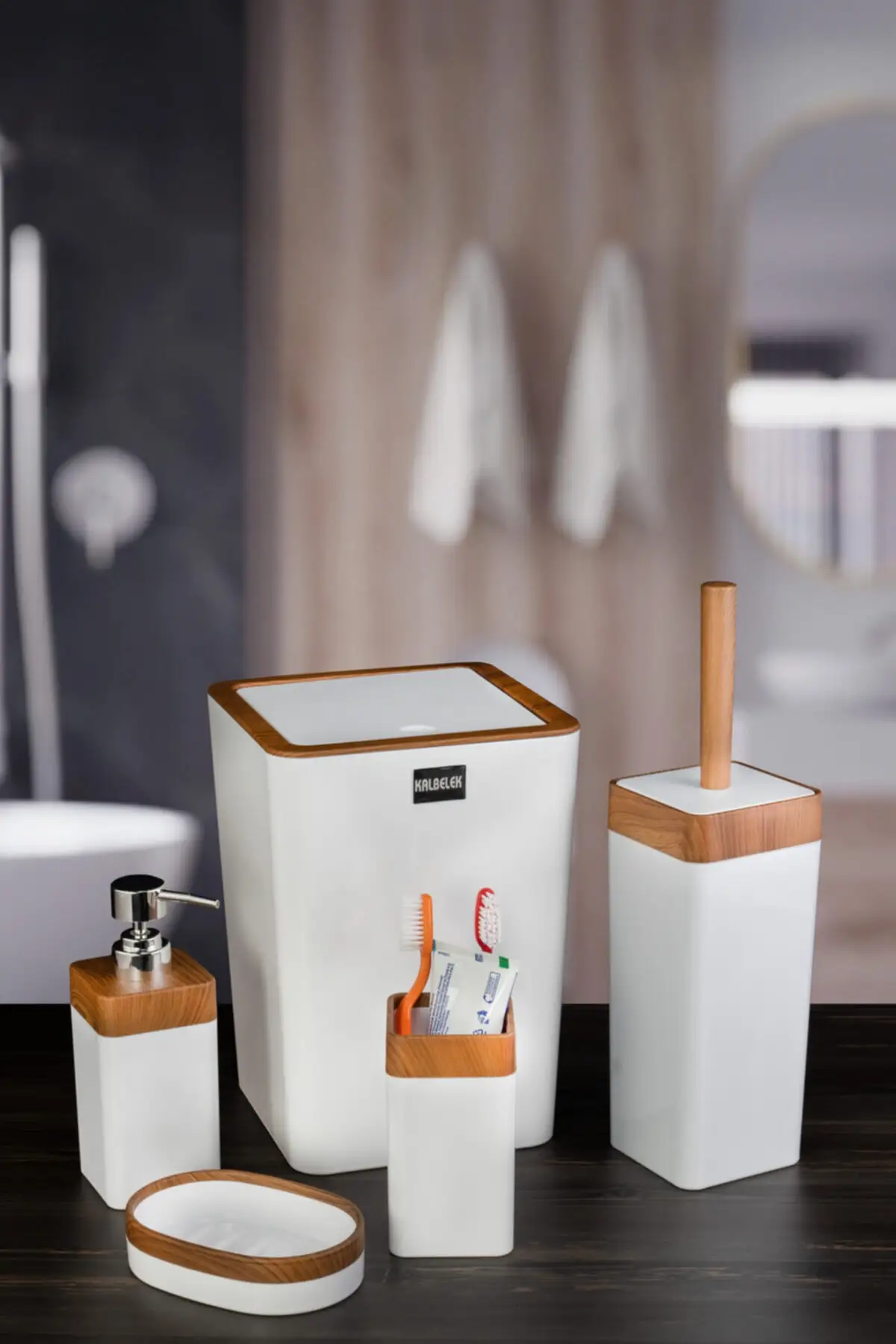 Lux 5 Pcs Aycrilic Bathroom Accessories White Wooden Set Toothbrush Holder Soap Dispenser Brush Liquid Soap Dispenser Trash Can