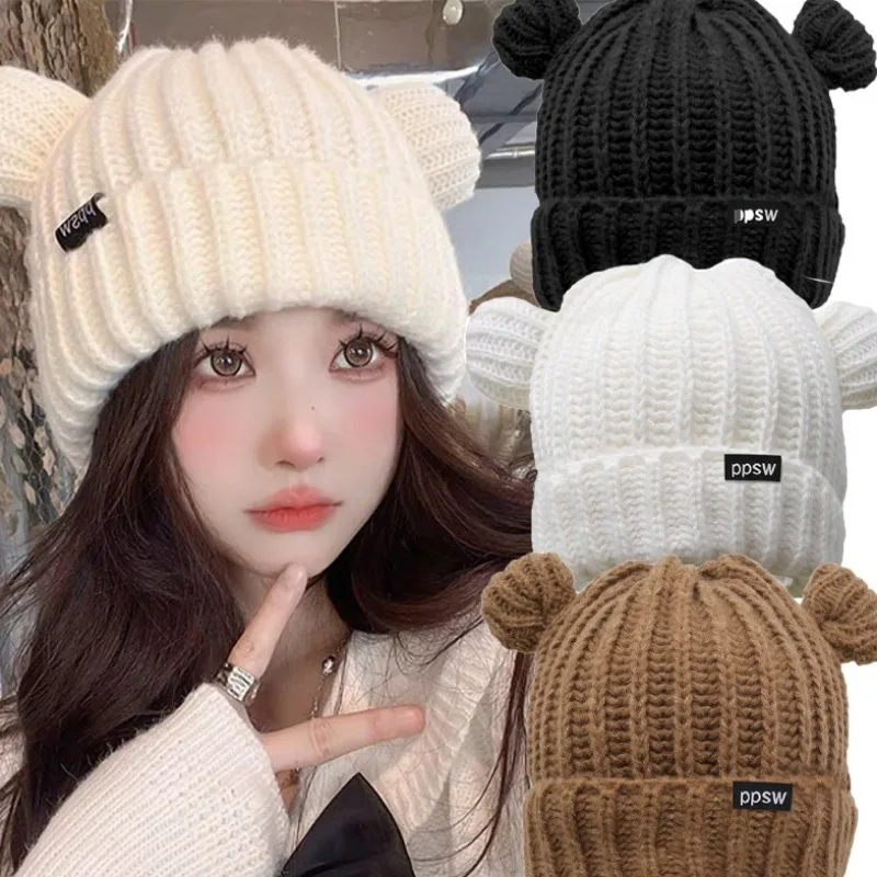 

Bear Ear Wool Hat Y2k Fashion Warm Knitted Solid Color Crochet Ear Protection Hat Autumn Winter Versatile Novelty Beanies Cap