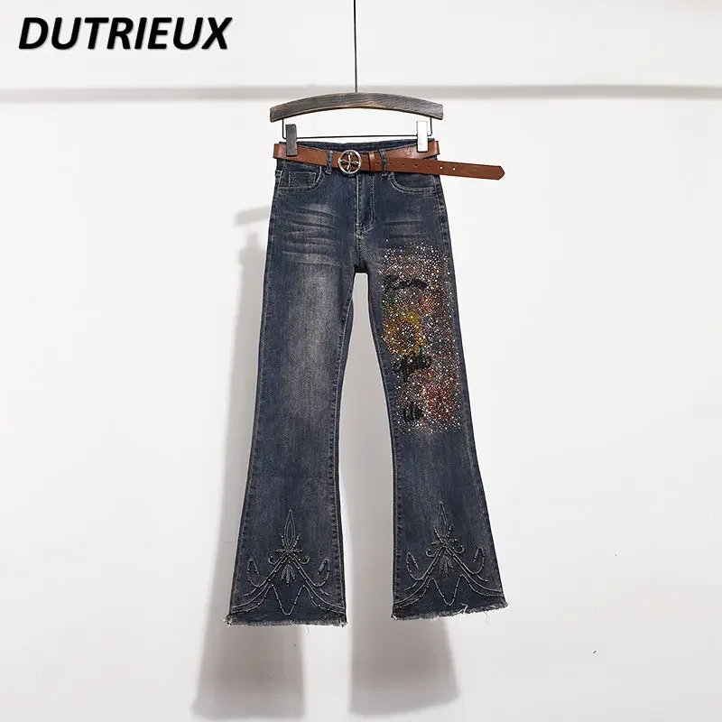 

Spring Autumn New Flare Jeans Retro Style Slim Fit Slim Denim Pants for Lady Fashion Heavy Industry Hot Diamond Women's Jeans