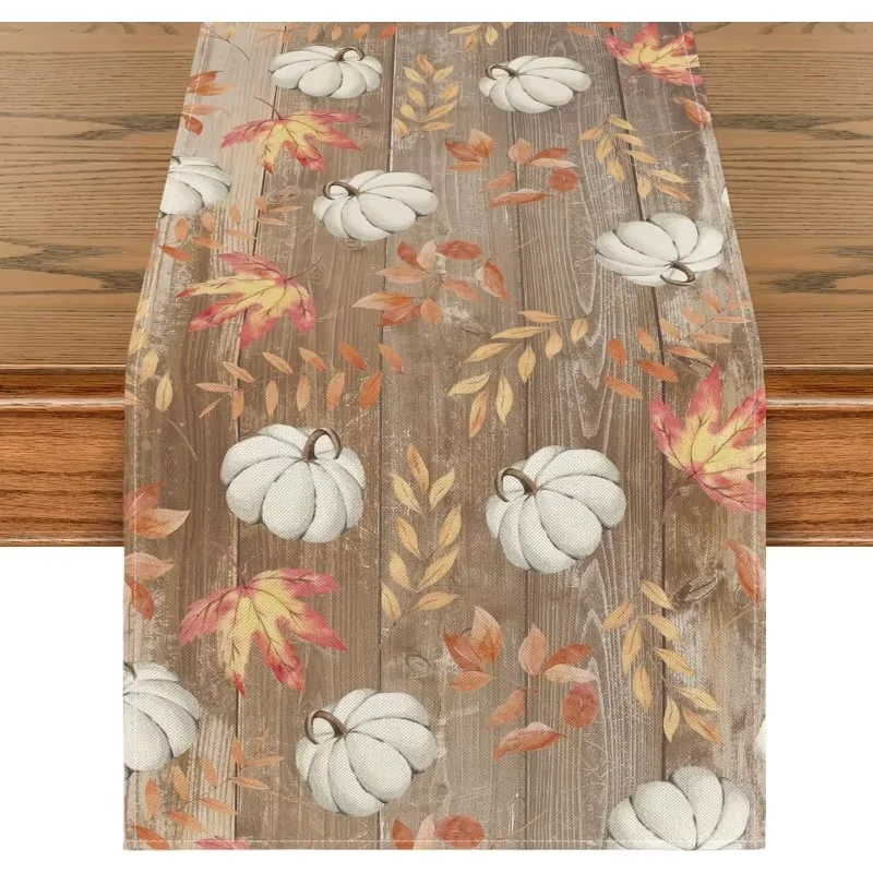 

Maple Leaf Autumn Brown Pumpkin Table Runner, Outdoor Picnic And Farmhouse Decoration In a Country Autumn Style