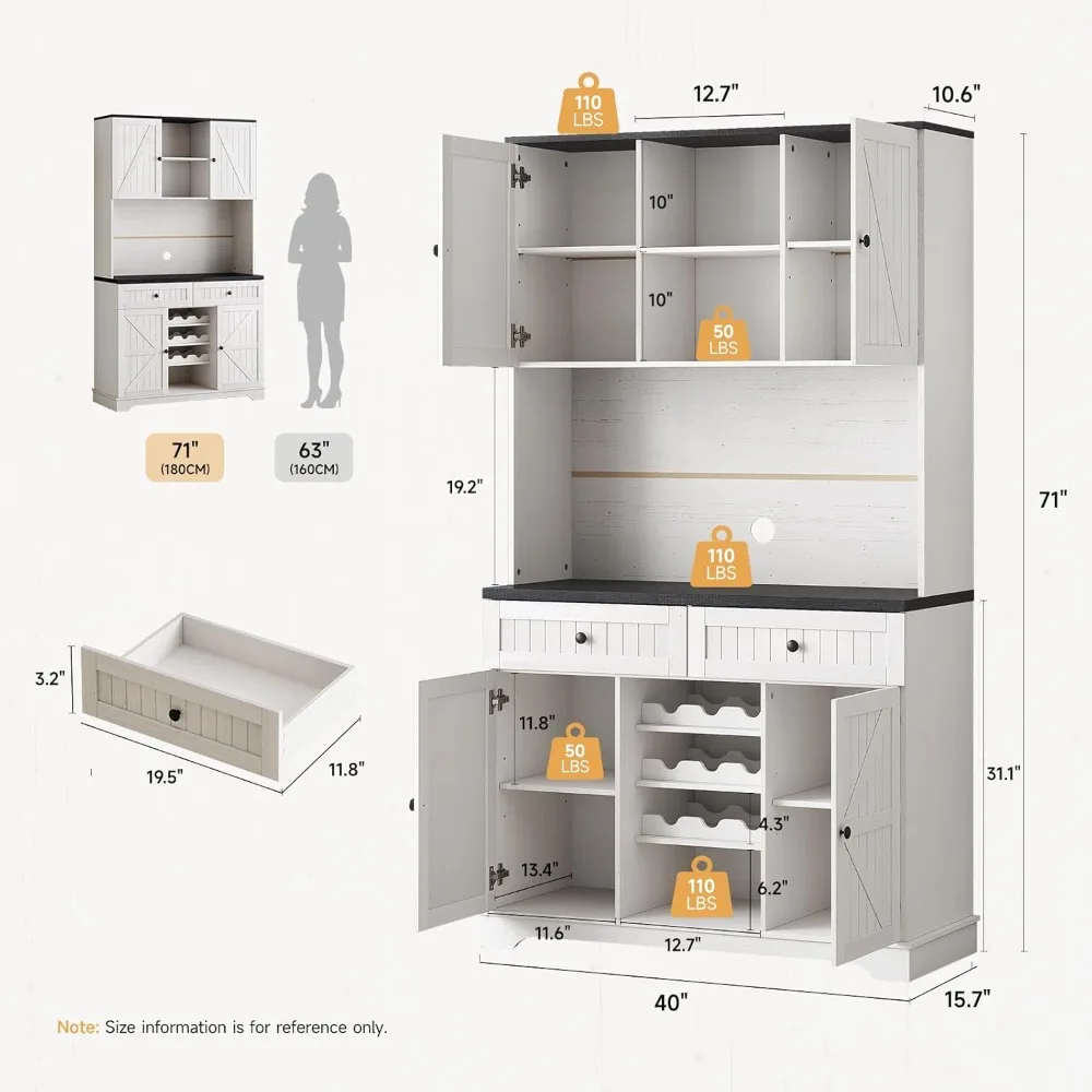 Pantrykast met 2 lades en 3 wijnrekken, 71 boerderijkeukenopbergkast met verstelbare planken, keukenkast met M