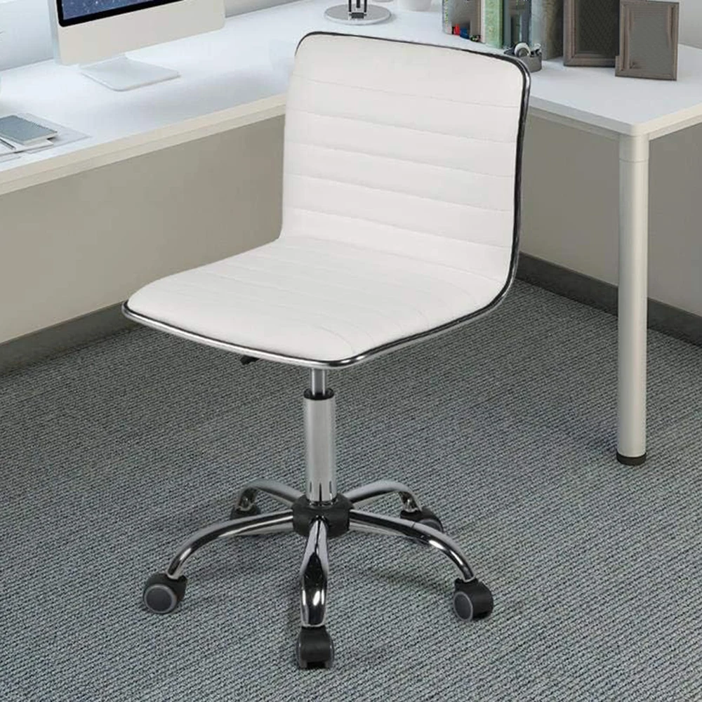 Leather Office Task Chair, Low Back Ribbed Chair, Armless Swivel Desk Chair Office Chair with Wheels, White - view 5