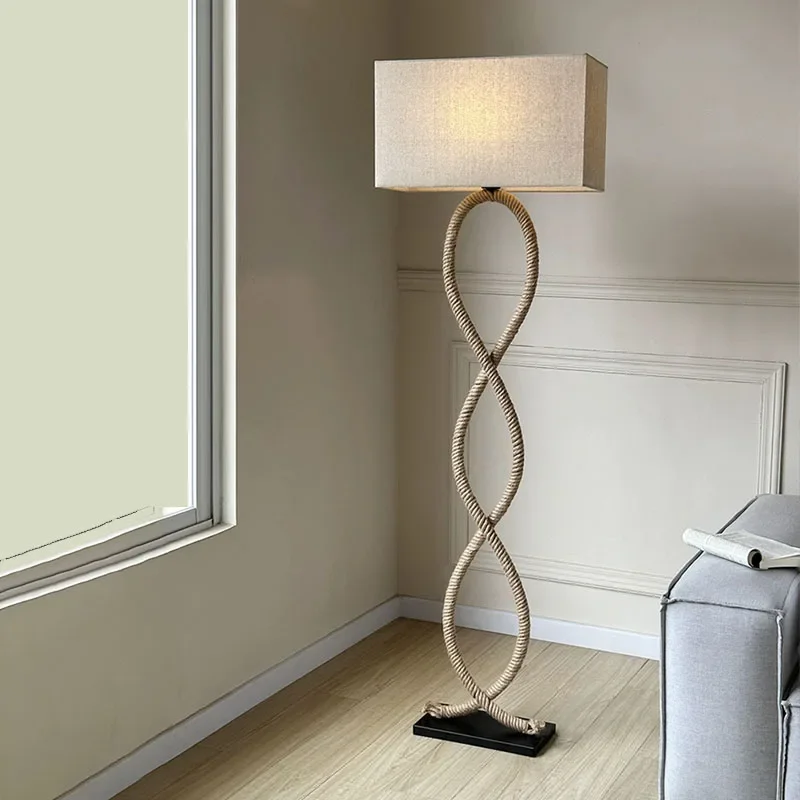 Lámpara de pie Led de cuerda de cáñamo, lámpara de pie Estilo nórdico Retro Wabi Sabi para sala de estar, decoración del hogar, dormitorio, sofá,