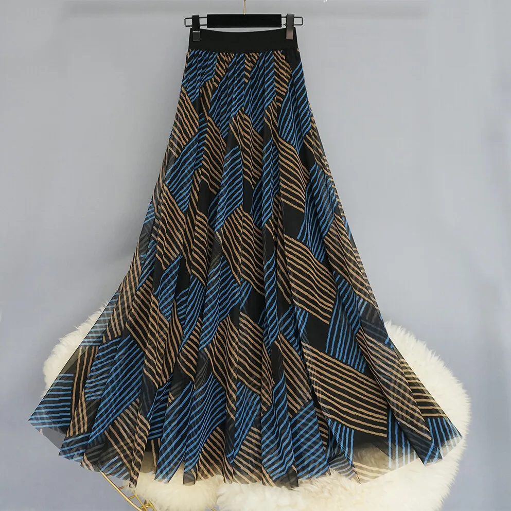 2025 Checkered Floral Mesh Pattern A-line Long Skirt  Summer Grid Woman Faldas largas elegantes Womens Maxi Skirts