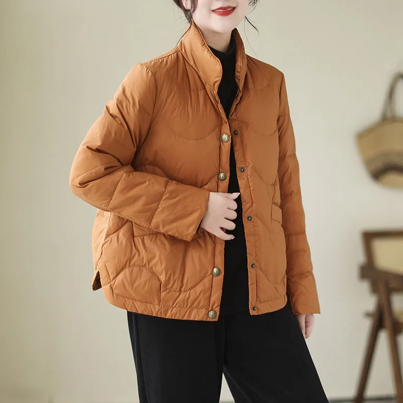 

Thiened Warm Cotton Jaet Women's Faionable All-Match Stand Collar Lightweight down Cotton Coat Retro Sle Long Sve