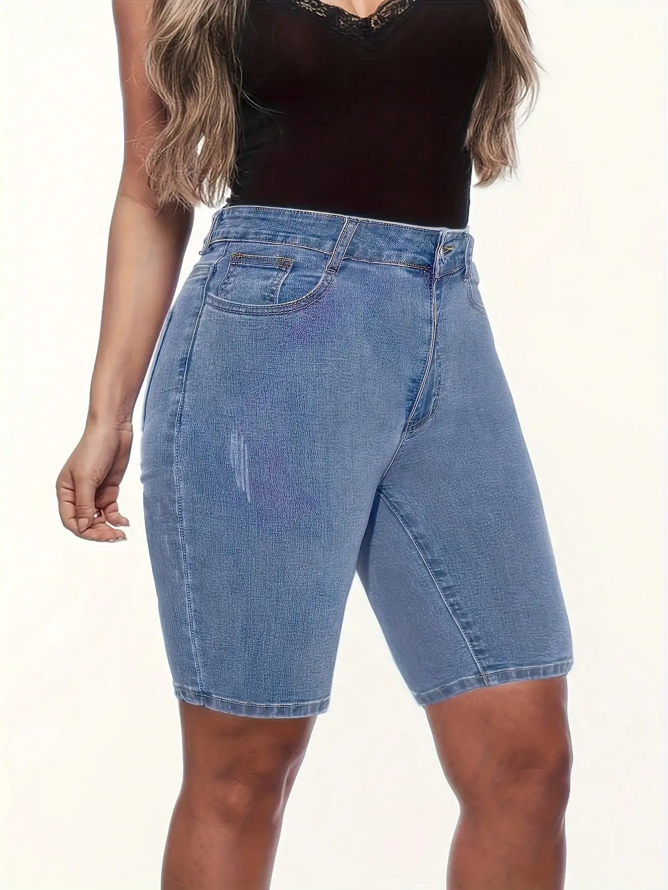 

Women's High Waisted Denim Bermuda Shorts 2025 Trendy Clean Wash Cotton Blend Button Front Knee Length Pants