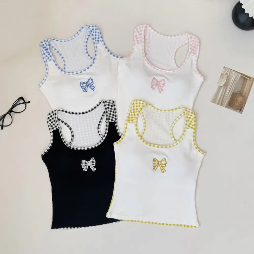 

Sweet Grid Sleeveless Crop Top Streetwear Slim Fit Korean Bow Tank Top Bowknot Beachwear Camisole With Pads Summer Seaside
