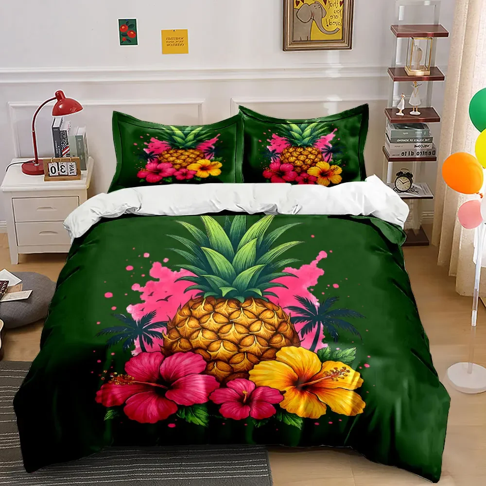 Tropical Pineapple Floral Decor Set Soft Comfortable Duvet Cover Bedding Set Included 1*Duvet Cover & 2*Pillowcases, gift