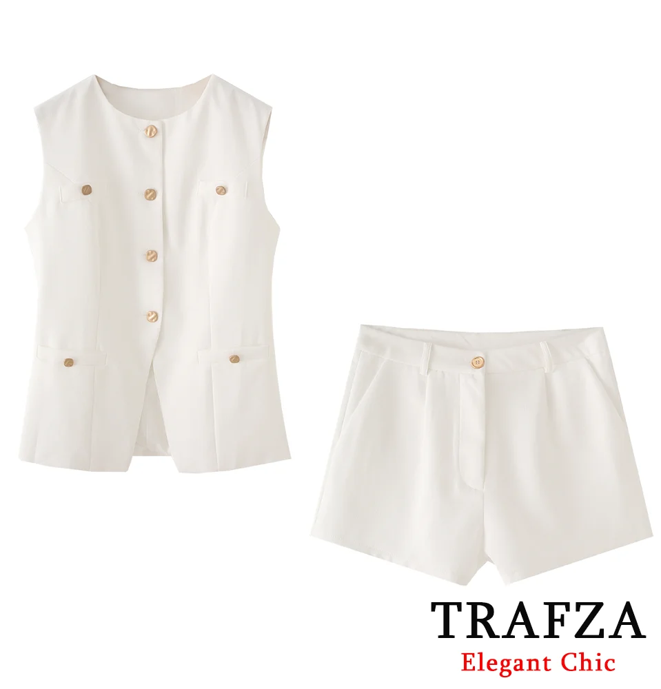 

TRAFZA Women Commuter Shorts Set Buttons Sleeveless Vest Mini Suit Shorts 2025 New Summer Fashion High Street Casual Shorts Set