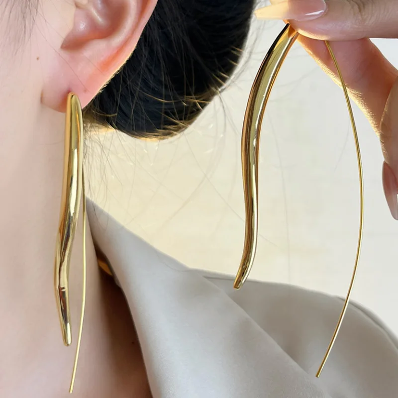 

European and American New Fashion Streamlined Titanium Steel Luxurious Retro Silver Needle Exaggerated Long Earrings.