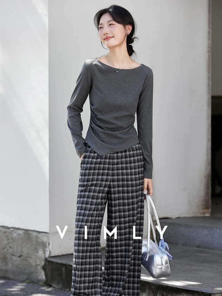 

VIMLY Women's Casual Pant Suits Autumn 2025 Grey Slash Neck Folds Tops Plaid Wide Legs Long Pants Knit Female Trouser Sets A3090