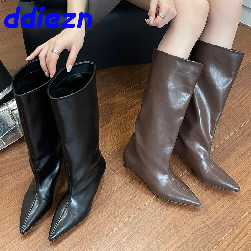 

Designer Slip On Footwear Modern Women Western Boots With Low Heel Shoes Fashion Pointed Toe Ladies Knee High Boots Shoes