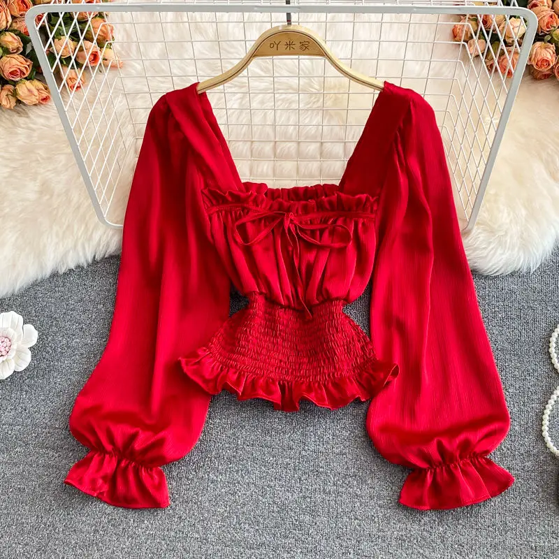 Autumn Women Purple/Red/Green Ruffle Short Shirt Vintage Square Collar Puff Sleeve Draped Short Blouse Female ELegant Tops