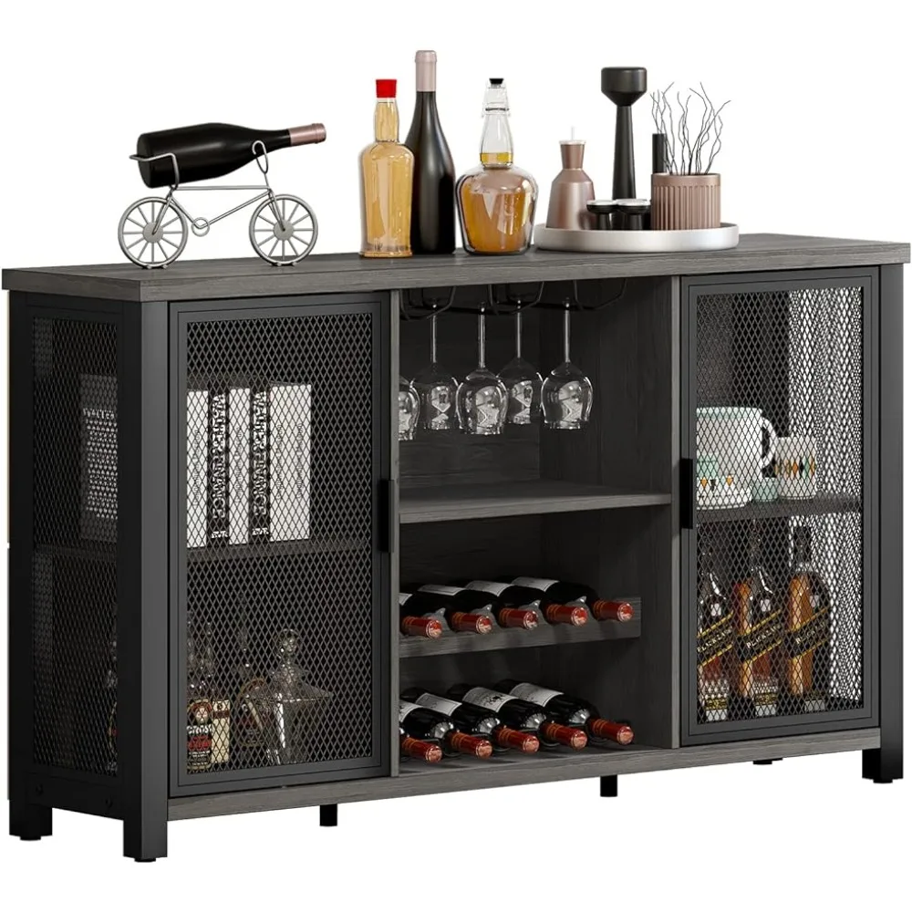 55 Inch Cabinet for Liquor Wine Rack Industrial Coffee Bar Cabinet With Wine Rack + Glass Holder Freight free