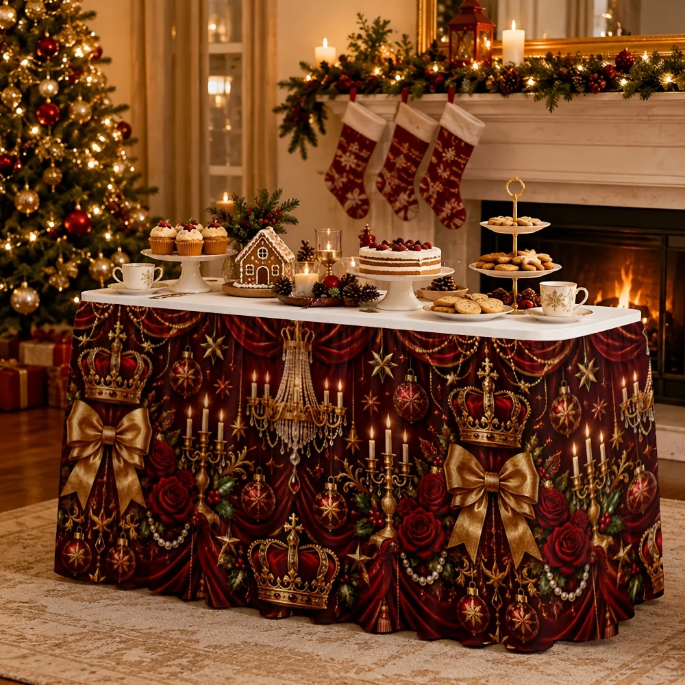 1 tablecloth table skirt, elegant red velvet royal crown gold bow chandelier