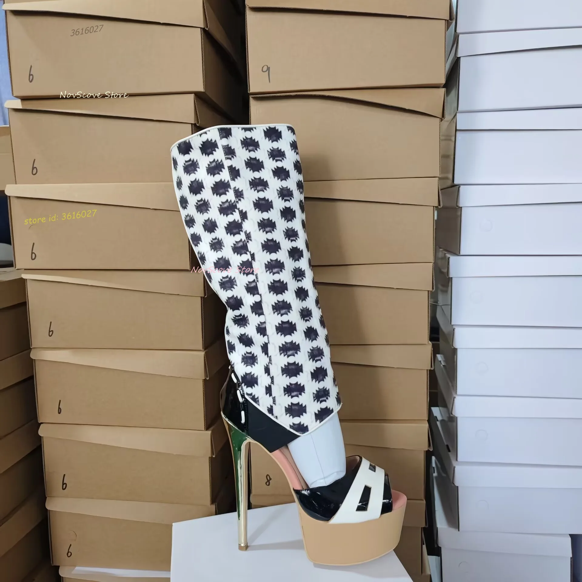Peep Toe Platform Knee High Boots Cutouts Mixed Color Sandals Boots Stiletto High Heels Cool Girl Shallow Single Shoes Party