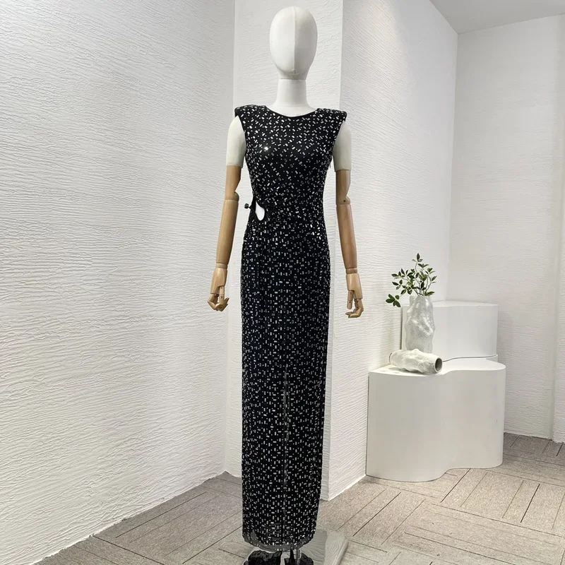 Women Autumn Diamonds New 2024 Top Quality Slit Design Sleeveless Cut Out Party Luxury Maxi Dress