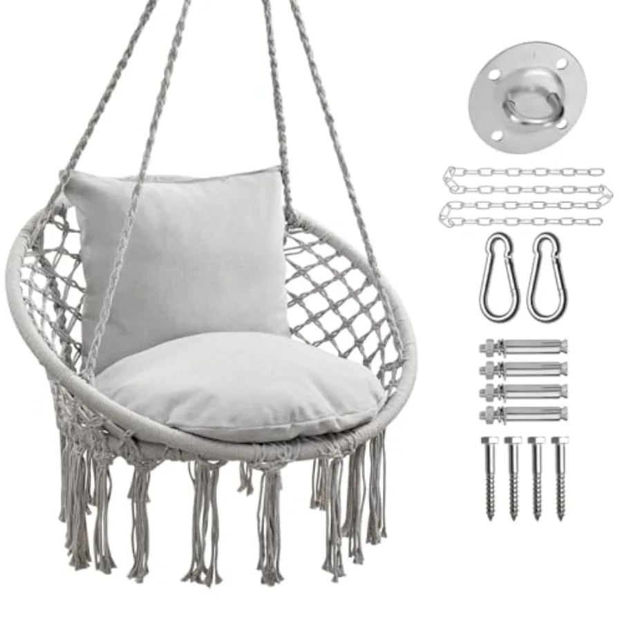 

Macrame Hammock Chair for indoor outdoor use, cotton rope, light grey, supports up to 330 lbs with 2 cushions and hardware kit