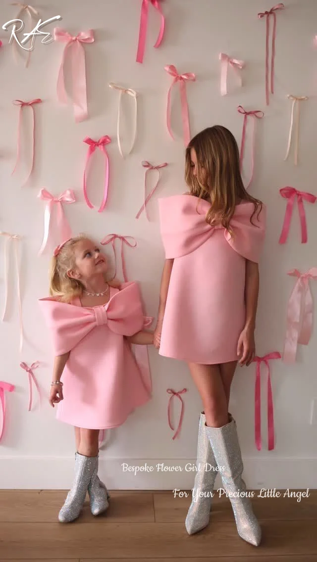 Baby Pink Flower Girl Dress Off Shoulder Oversized Big Bow Satin Short Gown  Wedding Birthday Pageant  Wedding Birthday Pageant