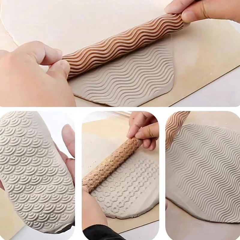 6Pcs Clay Modeling Pattern Rollers, Texture Rollers for Clay Wooden Handle Pottery Tools Stars Wood Wave-A73M