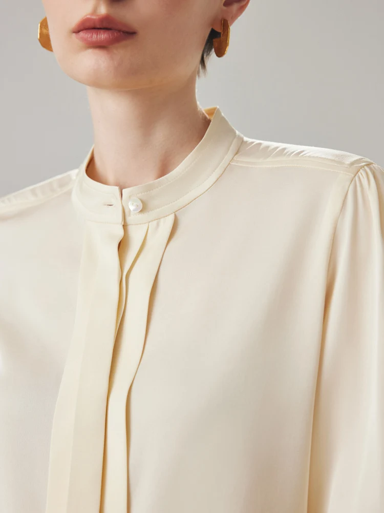 SuyaDreamm, Woman Solid Shirts, 90%Silk 10%Spandex, Stand Collar Chic Blouses, 2024 Spring Summer Office Lady Top